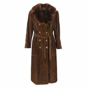 VTG 70's Brown Suede Faux Fur Penny‎ Lane Coat Full Length Double Breasted Small